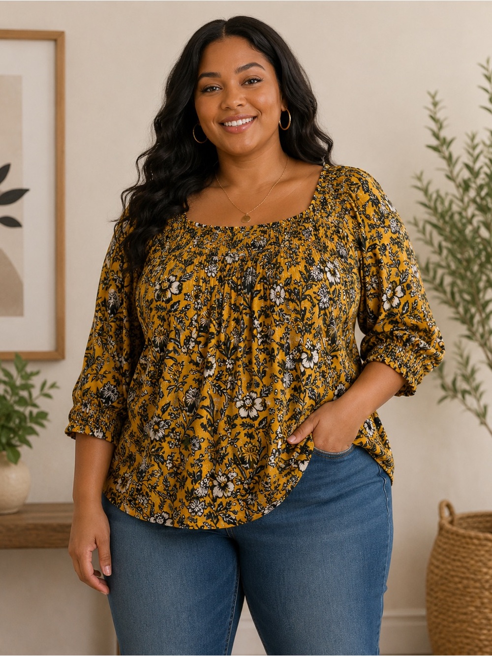 TERRA & SKY WOMENS YELLOW FLORAL PEASANT BOHO BLOUSE 3/4 SLEEVE SIZE 2X